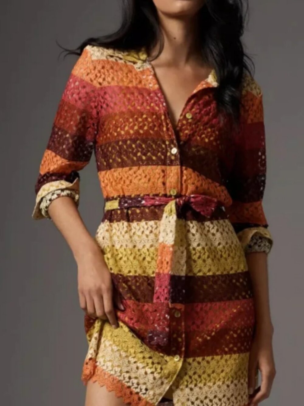 ✨ NWT Le Superbe Crochet Striped Shirt Dress - Pink, Orange & Yellow Size 2 ✨